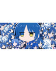 36x16 inches anime girl desk pad with blue-haired chibi collage, doodle panels, uniform looks, guitar cameo.