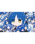 Collage-style anime girl desk pad 40x20 inches with blue-haired chibi faces, doodles, and mini portraits.