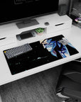 Anime mouse pad 32x16 inches featuring Bleach's Kenpachi Zaraki with blood on face, intense expression, dark background.