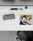 Cozy violet-glint glasses on warm chestnut hair over soft grayscale tiles, anime mouse pad 14x10 inches.