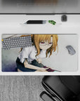 Cozy grayscale tile anime mouse pad 32x16 inches with warm chestnut tones and a soft violet glasses glow.