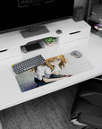 Chestnut-haired anime girl leaning by a phone, glasses with violet shine mouse pad 28x12 inches.