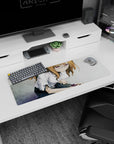 32x12 inches anime girl mouse pad showing a shy girl leaning close, sleeve ties, neat buttons, hand by phone.
