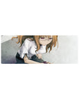 32x12 inches anime girl mouse pad with glasses, white blouse, dark skirt, and phone on grayscale tiles.