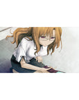 Anime girl desk pad 40x20 inches with glasses, white blouse, dark skirt, grayscale tile backdrop.