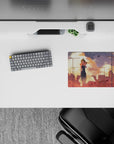 Peach and gold sunset anime girl mouse pad 14x10 inches, warm cinematic glow and moody calm.