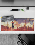 Peach-and-gold sunset anime girl mouse pad 32x12 inches with warm glow, dreamy haze, and moody vibe.