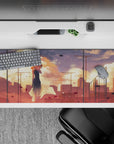 Peach and gold sunset anime desk pad 36x16 inches, warm dreamy light with soft moody vibes.