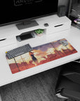 Anime girl in dark sleeveless dress, hair tied up, hand-to-cheek pose on 32x12 inches mouse pad.