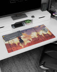 32x16 inches anime girl mouse pad featuring shy girl in dark dress, hair up, hand to cheek at dusk.