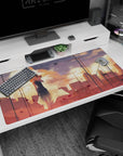 Anime girl in dark sleeveless dress, hair up, hand-to-cheek pose desk pad 40x20 inches.