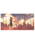 32x16 inches anime girl mouse pad with sunset clouds, petals, and a fading city skyline backdrop.