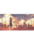 Anime girl desk pad 36x16 inches with sunset clouds, city skyline backdrop, petals and cinematic haze.