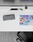 Dreamy blue anime mouse pad 14x10 inches, soft pastel bloom light and serene, storybook calm vibe.