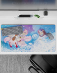 32x16 inches anime mouse pad in serene blues and blush pink, snowy petals and misty glow, vivid print.