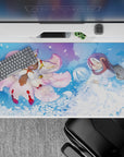 Blue dreamy anime desk pad 40x20 inches in misty light with soft waves and snowlike petals.