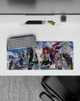 28x12 inches anime girl mouse pad in vivid blues, purples, neon greens with glossy highlights and wild energy.