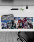 Neon blue-purple-green anime girl mouse pad with glossy highlights, fast sleek vibe, 32x12 inches.