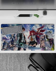 32x16 inches anime girl mouse pad in vivid blues, purples, neon greens; glossy, fast, playful vibe.