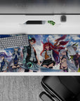 36x16 inches anime girl desk pad in vivid blues, purples, neon greens, with glossy highlights and wild energy.