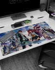 Anime desk pad 40x20 inches showing a sharp-eyed hero with glowing steel arm and huge blade beside fox-eared girl.