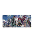 28x12 inches anime girl mouse pad with stormy sky hero crew, glowing steel arm swordsman, fox-eared girl.