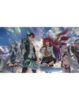 Anime girl desk pad 40x20 inches with stormy clouds, hero crew, neon armor details, and glossy shine.