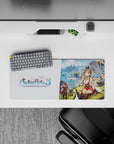Anime girl mouse pad 28x12 inches in warm browns and creams with gold accents, bright cozy fantasy mood.