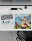 32x16 inches anime girl mouse pad in warm browns and soft creams with gold accents, bright cozy adventure mood.