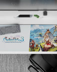 Warm brown and cream anime desk pad 36x16 inches with gold accents and bright, cozy adventure mood.