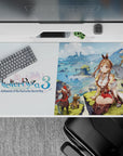 Cozy adventure anime desk pad 40x20 inches in warm browns, soft creams, and gold accents.
