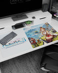 Ryza from Atelier Ryza 3 on a sunny cliff above blue lagoons, anime desk pad 40x20 inches.