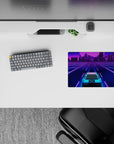 14x10 inches mouse pad with a sleek car in a neon-lit city, cruising through retro-futuristic pink and purple hues.
