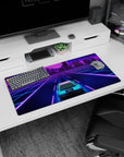 Modern 32x16 inches mouse pad with a neon-lit city, featuring a car cruising under pink and purple neon lights.