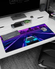 Artistic 36x16 inches desk pad with a futuristic neon car and vibrant pinks and purples, blending retro-futuristic vibes.
