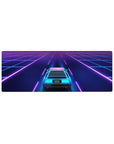 Compact 32x12 inches mouse pad with a neon grid and a futuristic car, cruising toward a vibrant city in pink and purple hues.
