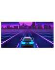 Mouse pad featuring Neon City Cruise, 32x16 inches, with a sleek neon car cruising toward a vibrant city under glowing lights.