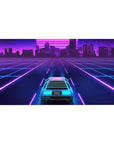 Desk pad featuring Neon City Cruise, 40x20 inches, with a futuristic car cruising towards a neon-lit city in pinks and purples.