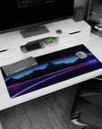 Glowing road artwork on 36x16 mouse pad brings Neon Horizon Drive's digital mountains to vivid life
