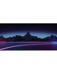 Neon Horizon Drive mouse pad 36x16 with glowing roads and wireframe mountains for bold aesthetic appeal