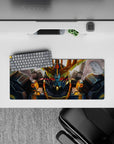 28x12 inches anime mouse pad in steel gray with gold V-fin horns and a red glowing visor, intense mood.