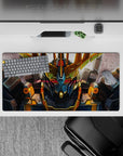 32x16 inches anime mouse pad in steel gray with gold V-fin and red visor glow, intense mood.