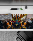 36x16 inches anime mouse pad in steel gray with gold V-fin and a red visor glow, intense mood.