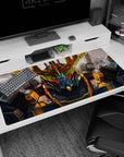 40x20 inches desk pad featuring Unicorn Gundam in Destroy Mode, red warning-slit visor over dusty ruins.