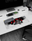 Anime mouse pad 28x12 inches showing back-turned rider in worn leather beside a sleek black bike in mist.