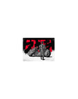 Classic anime mouse pad 14x10 inches with lone biker and matte-black motorcycle on foggy white backdrop.