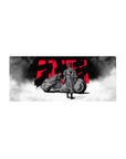 Anime mouse pad 28x12 inches featuring lone biker and matte-black motorcycle with red kanji splash.