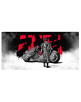 32x16 inches anime mouse pad with lone rider and matte-black motorcycle, red kanji splash, foggy ground.
