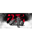 Cyberpunk anime desk pad 36x16 inches with lone rider and matte-black motorcycle in smoky white fog.