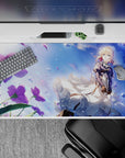 Dreamy sapphire-sky anime desk pad 40x20 inches in teal, violet, and soft sparkles for smooth tracking.